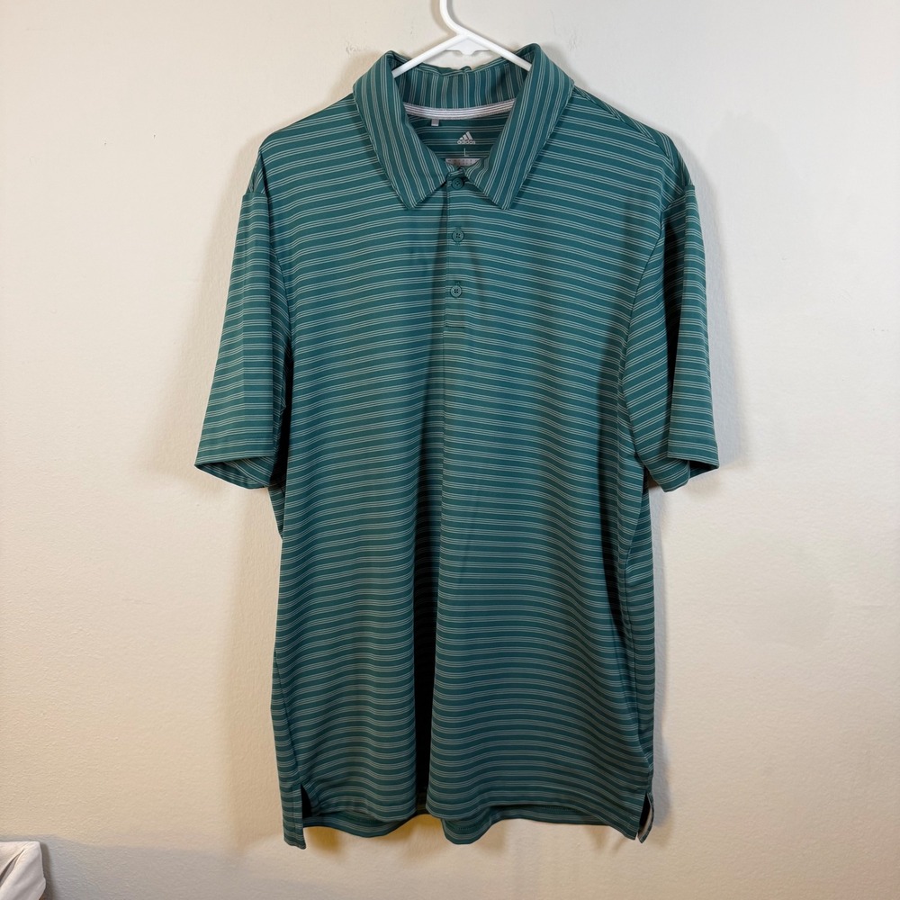 Adidas Golf Mens Large Teal Striped Short Sleeve Performance Polo Shirt